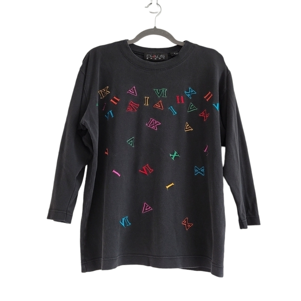 VTG Chaus Sport Black Embroidered Roman Numeral Long Sleeve Shirt